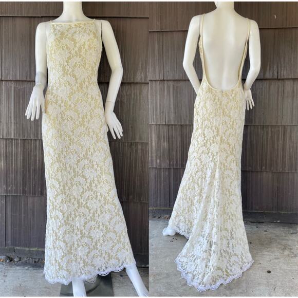 🔥VTG J.Harris Gold Sequins Lace Backless Mermaid Formal Evening Gala Dress 4-8 - Picture 1 of 16